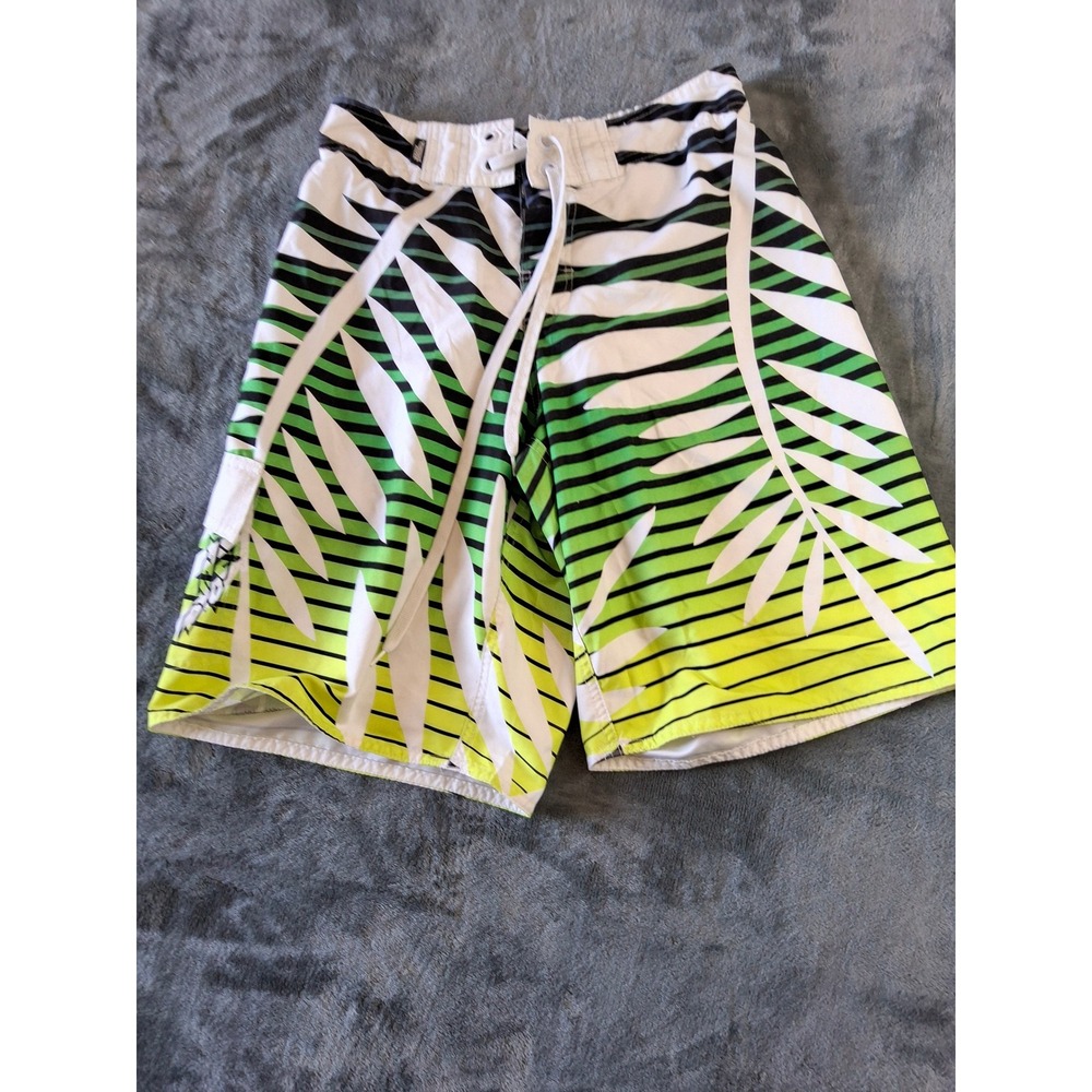 No Fear Mens Tropical Palm Stripe Board Shorts Green Yellow Swim‎ Trunk Med. Y2K